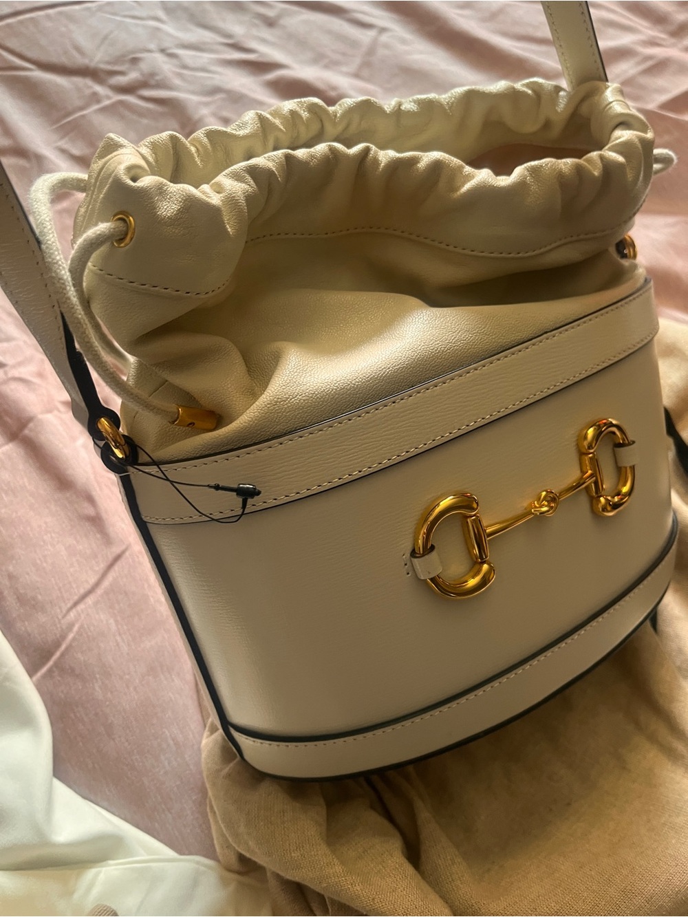 Gucci Cream Leather Horsebit Bucket Shoulder Bag